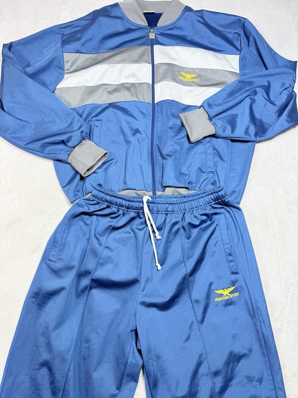 Vtg Montana Hamburg Tracksuit 2 Pc Set Blue Grey Striped 80s Euro Sport Mens Lg